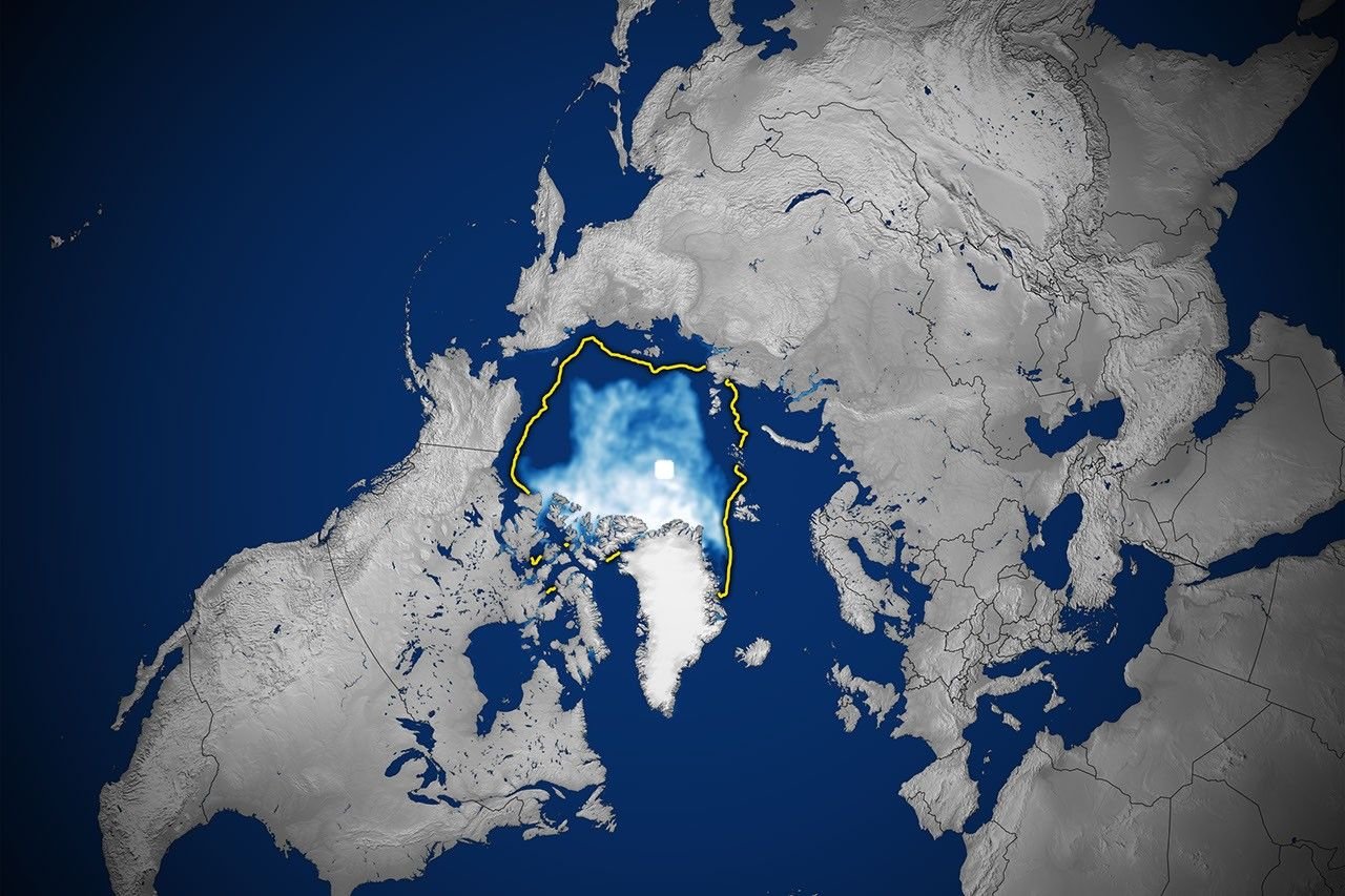 Визуализация на арктическия морски лед през септември 2026 г. по данни на NASA — не е снимка на CRISTAL