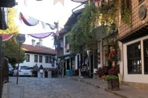 Cobblestone street with shops in Veliko Tarnovo