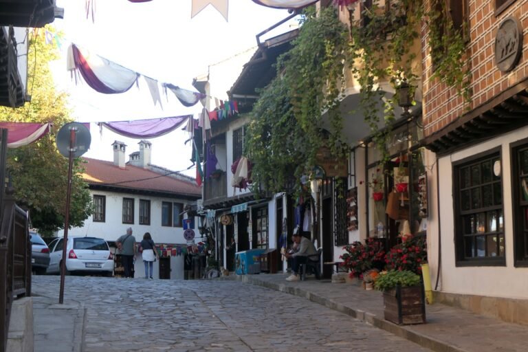 Cobblestone street with shops in Veliko Tarnovo