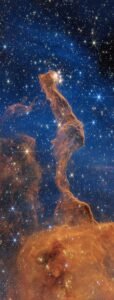 Infrared image of the Cat's Head Nebula, showing a dust column and many stars, captured by the James Webb Space Telescope; NASA, ESA, CSA, STScI